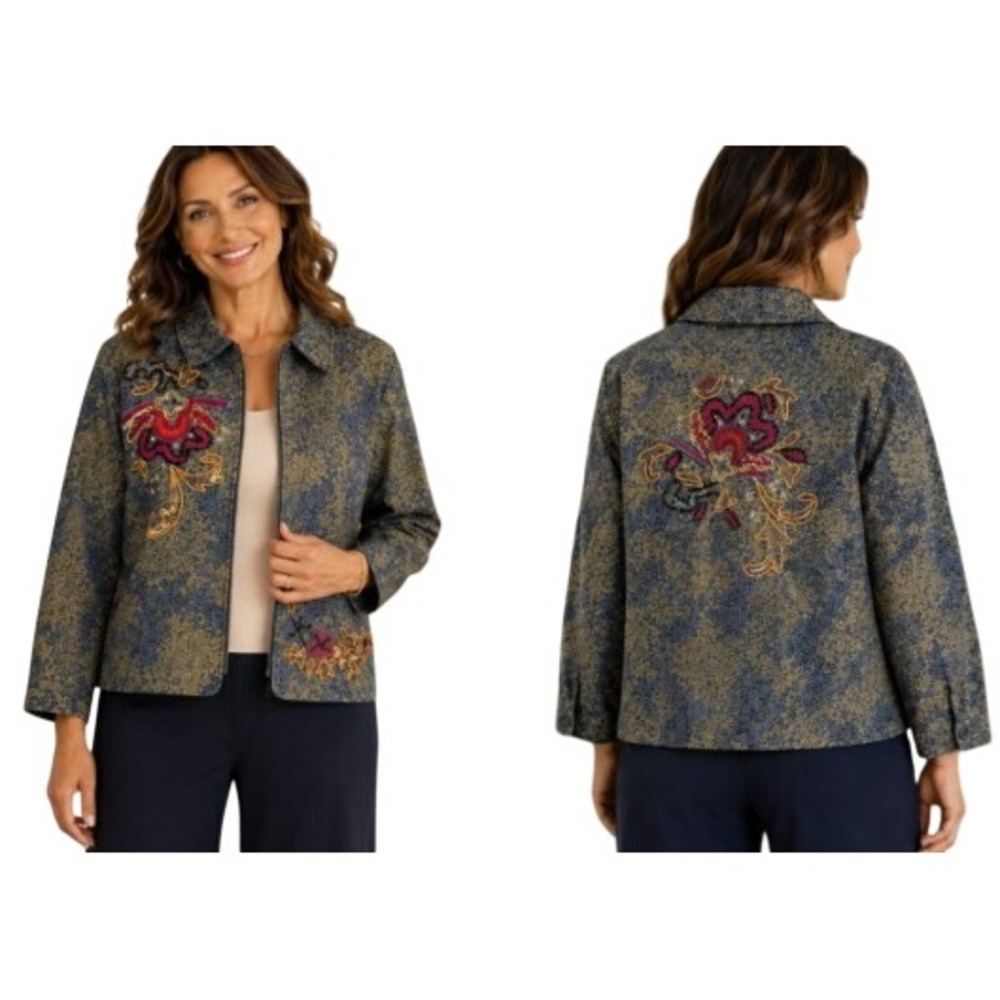 Chicos Embroidered Tapestry Denim Jacket XL Blue Embroidered Floral Paisley